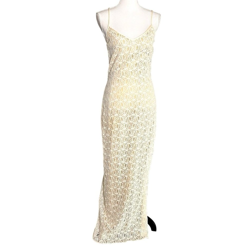 Vintage 1990s Reggio Ivory Lace Maxi Dress Spaghetti Strap Open Back Bridal S/M